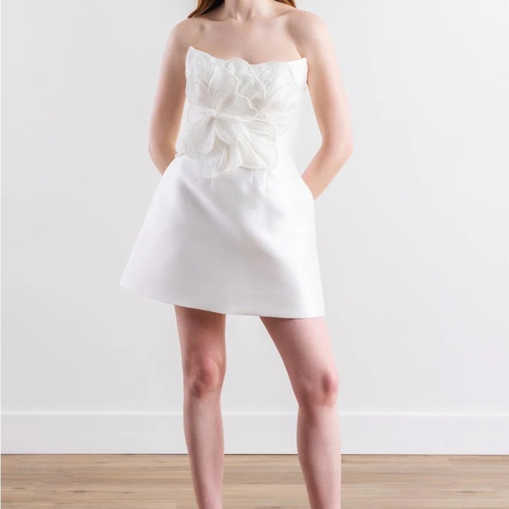 Watters Strapless White Mini Dress with Floral Appliqué